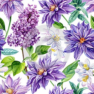 Violet Seamless pattern of lilac, clematis flower background template. Watercolor floral for greeting card, design