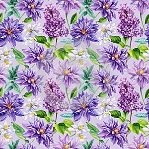 Violet Seamless pattern of lilac, clematis flower background template. Watercolor floral for greeting card, design