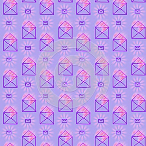 Violet seamless pattern with mail envelopes and shining rays on a  background. Hand drawn  illustration for design background,