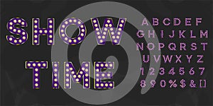 Violet show time shining marquee alphabet with numbers and warm light. Purple vintage illuminated letters for text logo