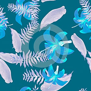 Violet Tropical Art. Purple Seamless Leaf. Indigo Pattern Nature. Blue Floral Background. Navy Flower Palm. Lavender Decoration