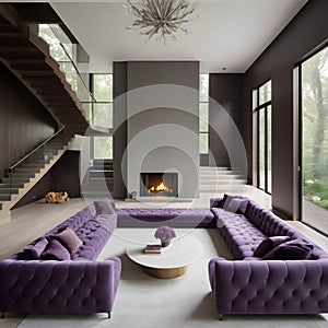 Violet-tufted sofa in a large, lavish room with a staircase and fireplace