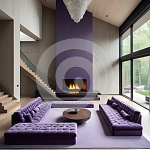 Violet-tufted sofa in a large, lavish room with a staircase and fireplace