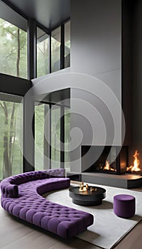 Violet-tufted sofa in a large, lavish room with a staircase and fireplace