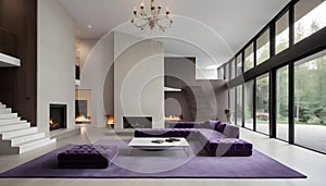 Violet-tufted sofa in a large, lavish room with a staircase and fireplace