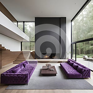 Violet-tufted sofa in a large, lavish room with a staircase and fireplace