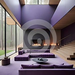 Violet-tufted sofa in a large, lavish room with a staircase and fireplace