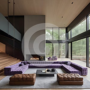 Violet-tufted sofa in a large, lavish room with a staircase and fireplace