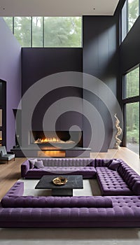 Violet-tufted sofa in a large, lavish room with a staircase and fireplace