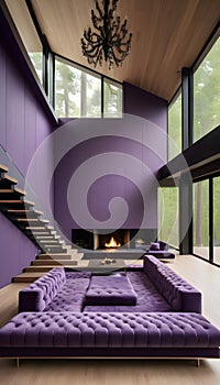 Violet-tufted sofa in a large, lavish room with a staircase and fireplace