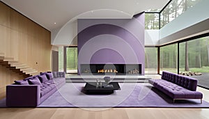 Violet-tufted sofa in a large, lavish room with a staircase and fireplace