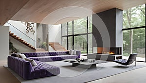 Violet-tufted sofa in a large, lavish room with a staircase and fireplace