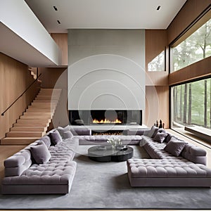 Violet-tufted sofa in a large, lavish room with a staircase and fireplace