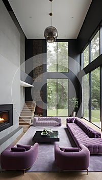 Violet-tufted sofa in a large, lavish room with a staircase and fireplace modern living area