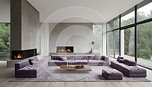 Violet-tufted sofa in a large, lavish room with a staircase and fireplace modern living area