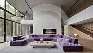 Violet-tufted sofa in a large, lavish room with a staircase and fireplace modern living area