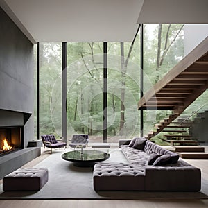 Violet-tufted sofa in a large, lavish room with a staircase and fireplace modern living area