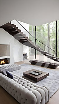 Violet-tufted sofa in a large, lavish room with a staircase and fireplace modern living area