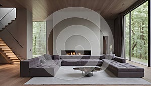 Violet-tufted sofa in a large, lavish room with a staircase and fireplace modern living area