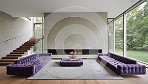 Violet-tufted sofa in a large, lavish room with a staircase and fireplace modern living area