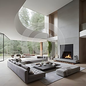 Violet-tufted sofa in a large, lavish room with a staircase and fireplace modern living area