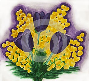 Violet tulips and mimosa painting