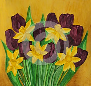Violet tulips and yellow daffodiles watercolor painting.
