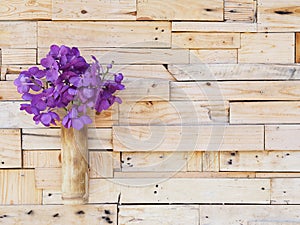 Violet wanda orchid in bamboo vase hanging on wooden plank wall.