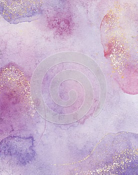 Violet watercolor background with gold glitter texture, Modern art painting watercolor splash and stains in elegant purple