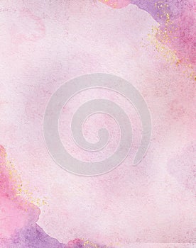 Violet watercolor background with gold glitter texture, Modern art painting watercolor splash and stains in elegant purple