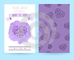 Violet wedding invitation with watercolor. Template