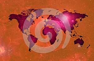 Violet World map over orange space.