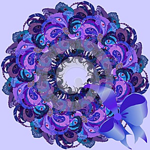 Violet wreath with painted peacock feathers, ribbon and bow.