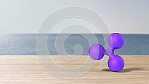 Violet xrp ripple gold sign icon on wood table blur sea with the sky. 3d render isolated illustration, cryptocurrency, crypto,