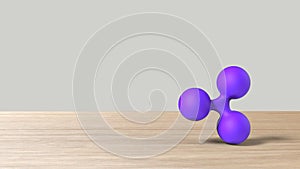 Violet xrp ripple gold sign icon on wood table white background. 3d render isolated illustration, cryptocurrency, crypto, business