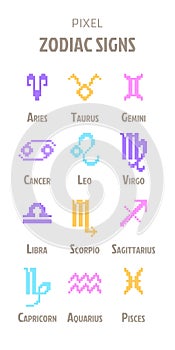 Violet, yellow, blue, pink pixel art zodiac sign icons