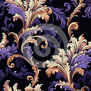 A violet and yellow floral pattern with swirls and leaves. Seamless pattern. AI