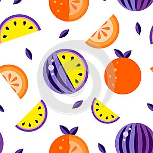 Violet yellow orange Watermelons white background. Seamless pattern melon set, wallpaper Vector. Good for t shirt print Hand drawn