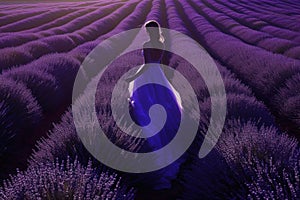 A violetclad woman strolls amid lavender plants in the field