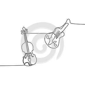 Violin Acoustic guitar one line cartoon illustration of musical instruments orchestra