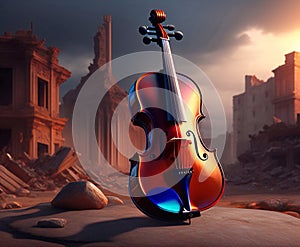 Violin on the background of the ruined city