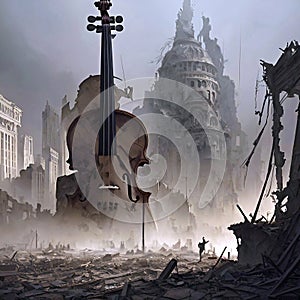 Violin on the background of the ruined city