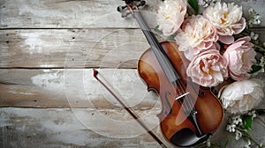 Violin and beautiful peony flowers lying on the rustic wooden background
