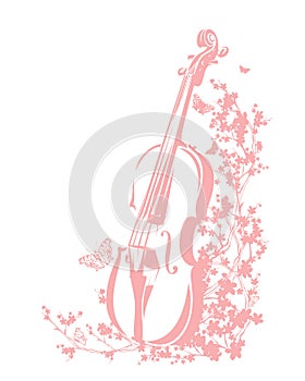 Violin and blooming sakura flowers vector silhouette decor