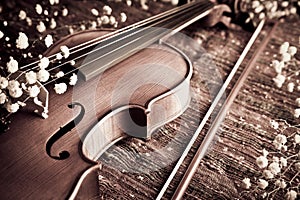 Violin and bow with gypsophelia on woven cloth