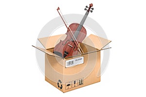 Violin and bow inside cardboard box, delivery concept. 3D rendering