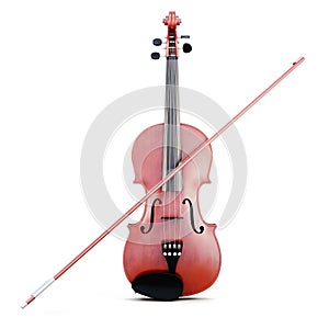 Violin and bow isolated. Front view. 3d rendering photo