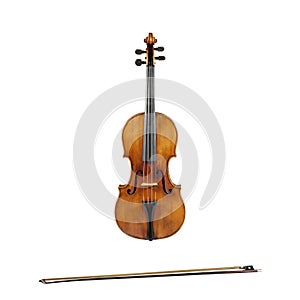 Violin with bow isolated front view