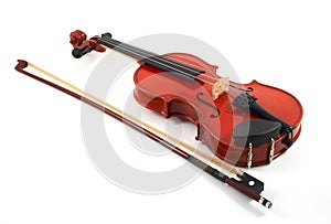 Violin with bow on white backg