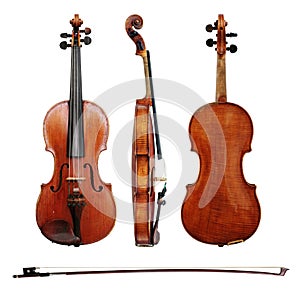 Violin and bow on white background